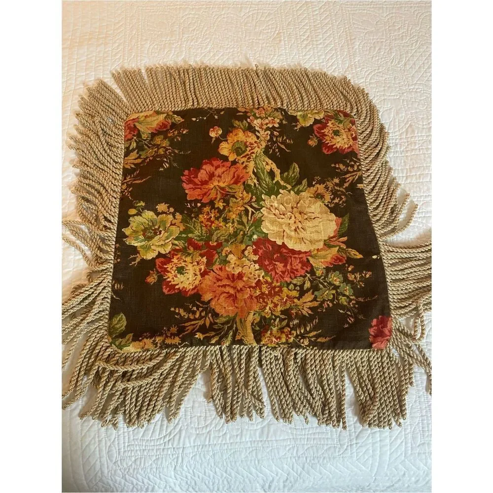 Floral Fringe Decorative Pillow Cover - Black with Multicolor Floral Print New